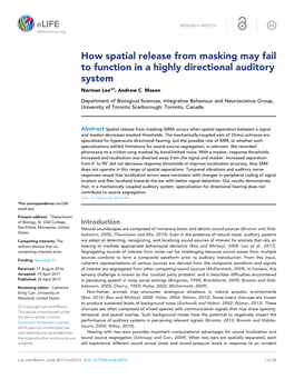 How Spatial Release from Masking May Fail to Function in a Highly Directional Auditory System Norman Lee*†, Andrew C Mason