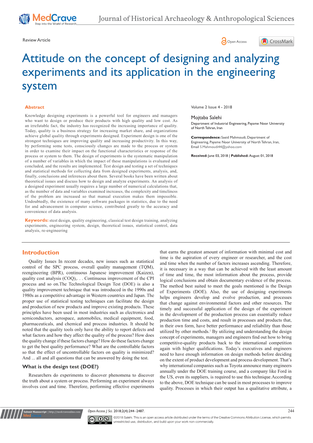 Attitude on the Concept of Designing and Analyzing Experiments and Its Application in the Engineering System
