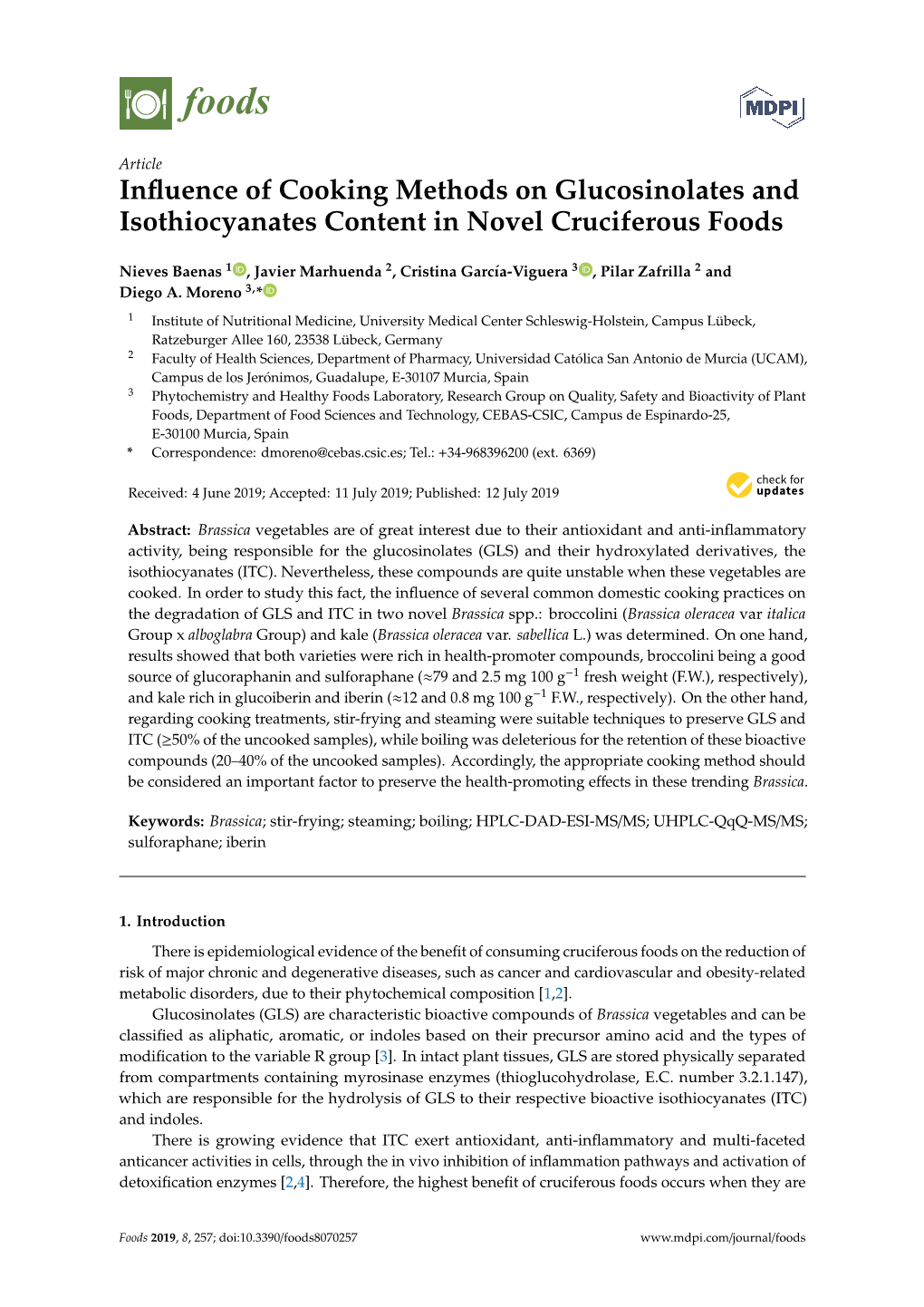 Influence of Cooking Methods on Glucosinolates and Isothiocyanates