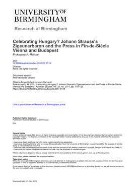 Johann Strauss's Zigeunerbaron and the Press in Fin-De-Siècle Vienna and Budapest Prokopovych, Markian