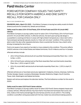 Ford Media Center FORD MOTOR COMPANY ISSUES TWO SAFETY RECALLS for NORTH AMERICA and ONE SAFETY RECALL for CANADA ONLY