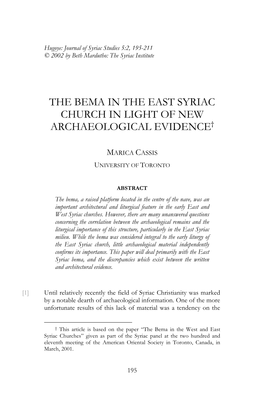 The Bema in the East Syriac Church in Light of New Archaeological Evidence†
