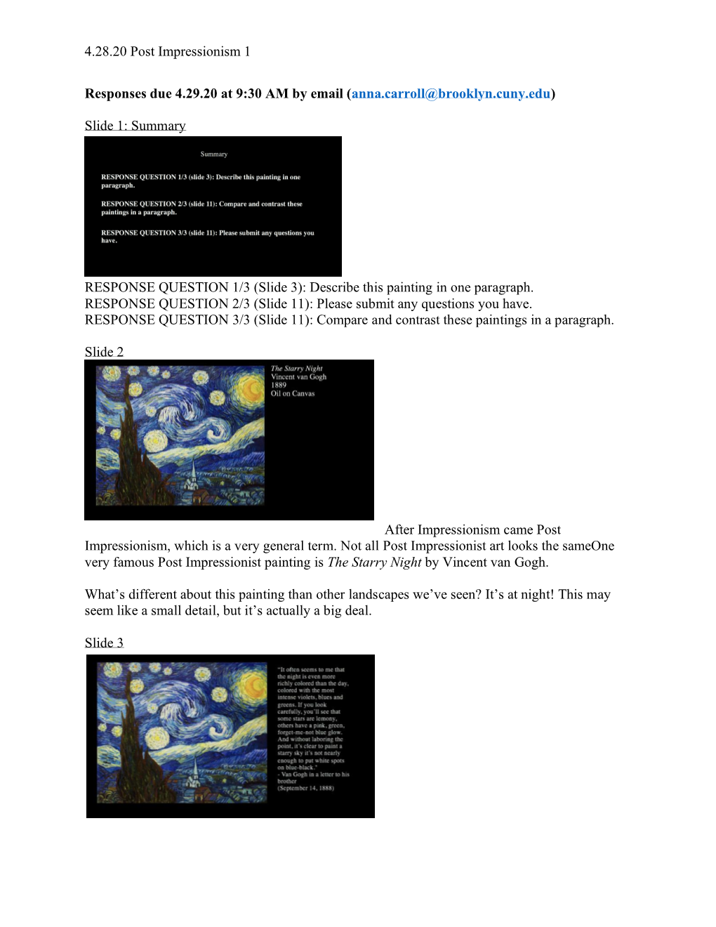 4.29.20 Post Impressionism 1 Lecture Notes