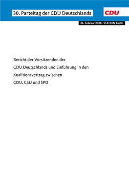 Bericht Der Vorsitzenden Der CDU Deutschlands Und Einführung in Den Koalitionsvertrag Zwischen CDU, CSU Und SPD