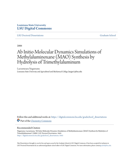 Synthesis by Hydrolysis of Trimethylaluminum Lacramioara Negureanu Louisiana State University and Agricultural and Mechanical College, Lnegur1@Lsu.Edu