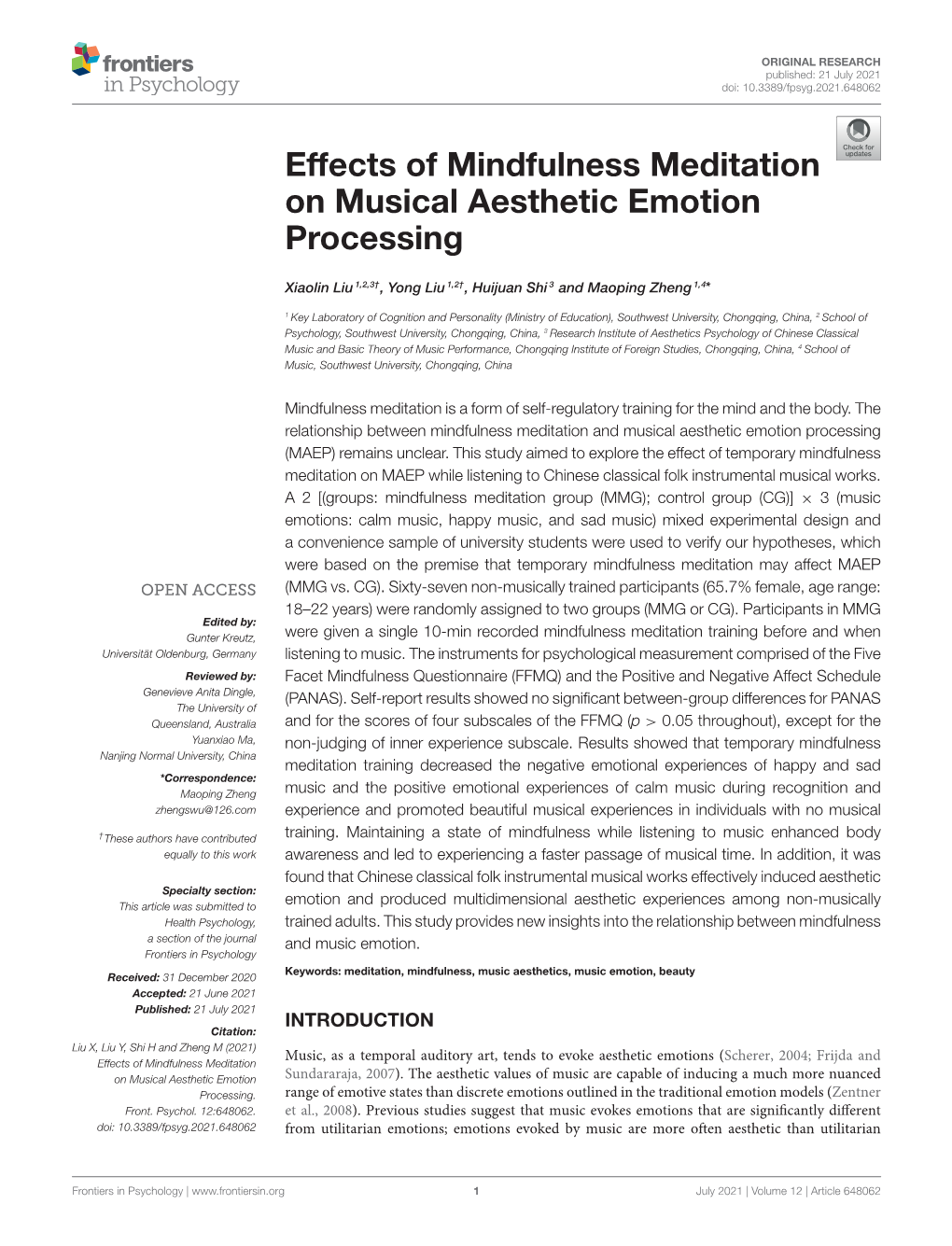 Effects of Mindfulness Meditation on Musical Aesthetic Emotion Processing