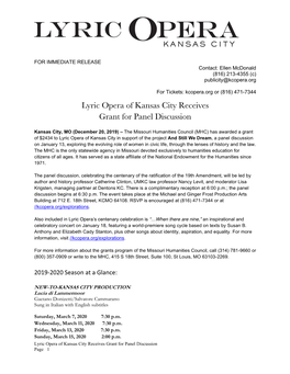Lyric Opera of Kansas City Receives Grant for Panel Discussion