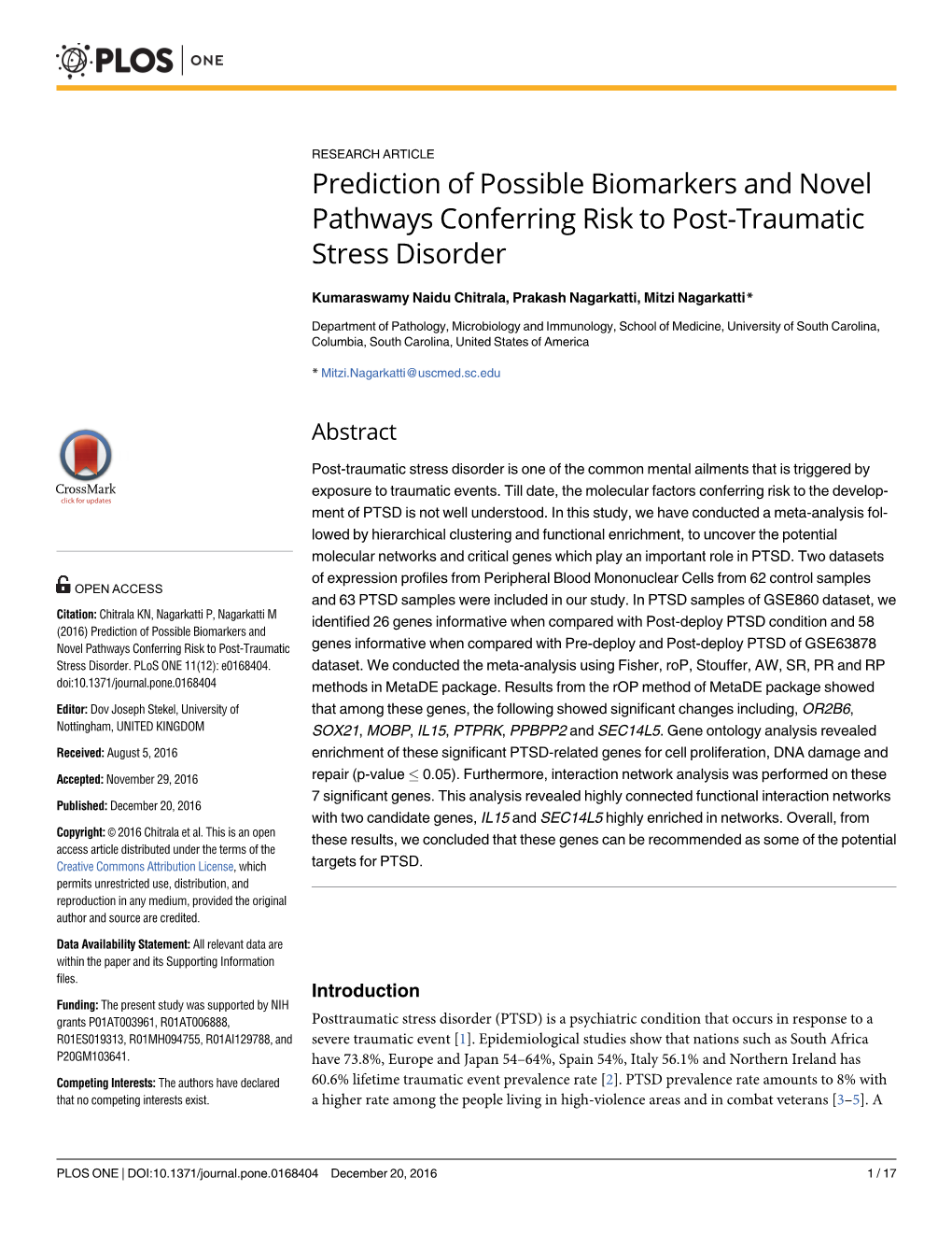 Prediction of Possible Biomarkers and Novel Pathways Conferring Risk to Post-Traumatic Stress Disorder