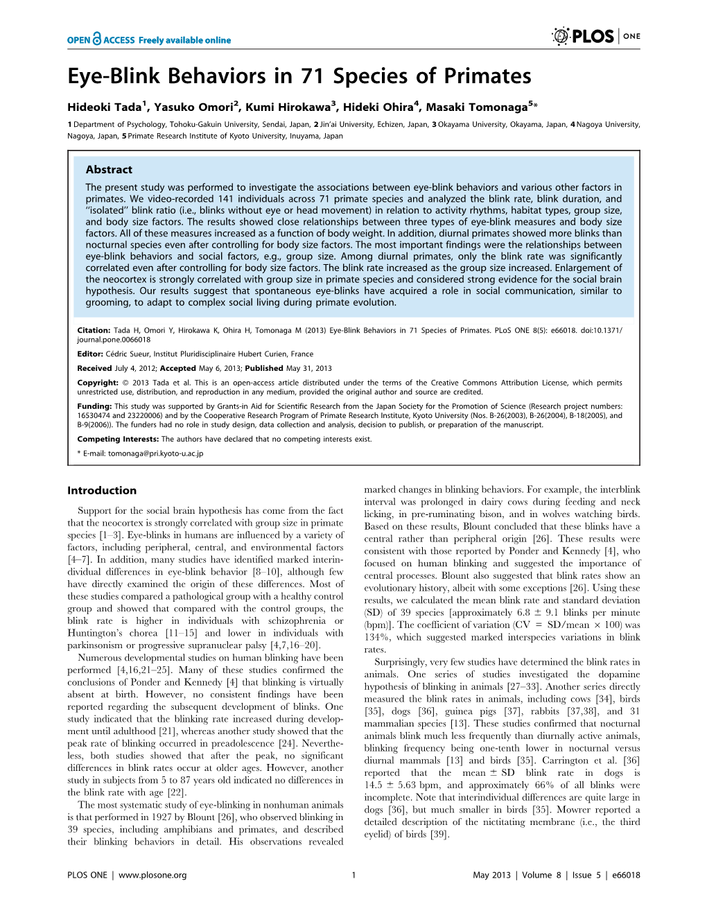 Eye-Blink Behaviors in 71 Species of Primates