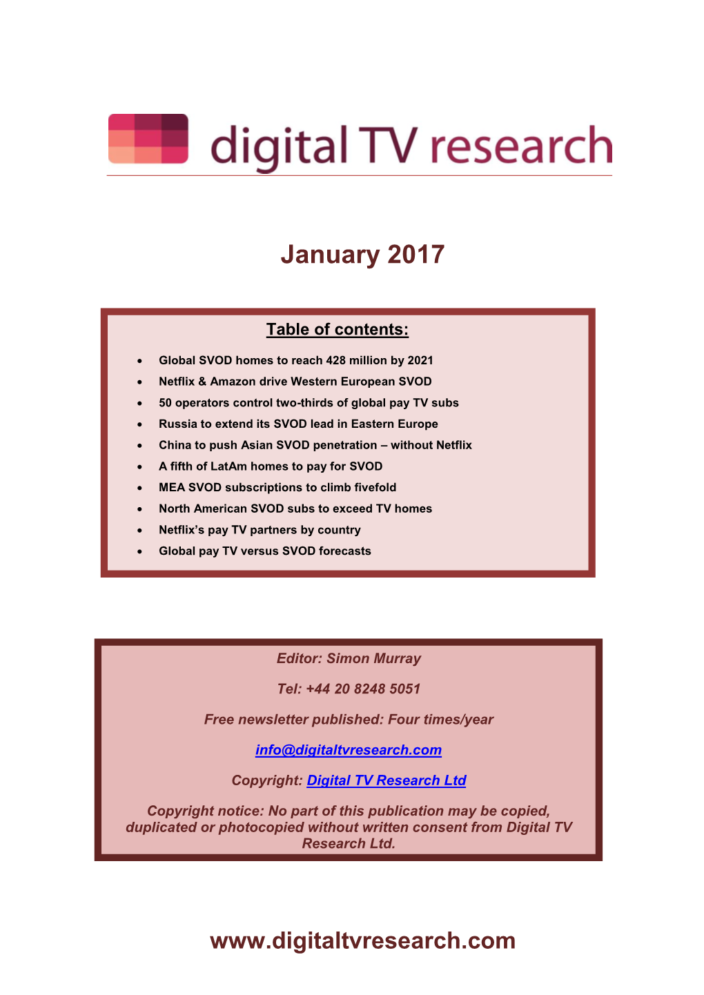 January 2017 Global Pay TV Versus SVOD Forecasts