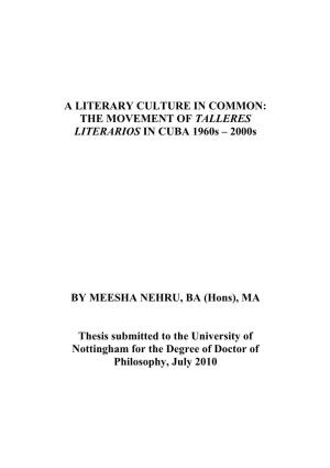 (2010) a Literary Culture in Common: the Movement of Talleres Literarios