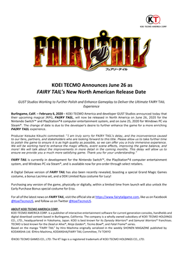 KOEI TECMO Announces June 26 As FAIRY TAIL’S New North American Release Date