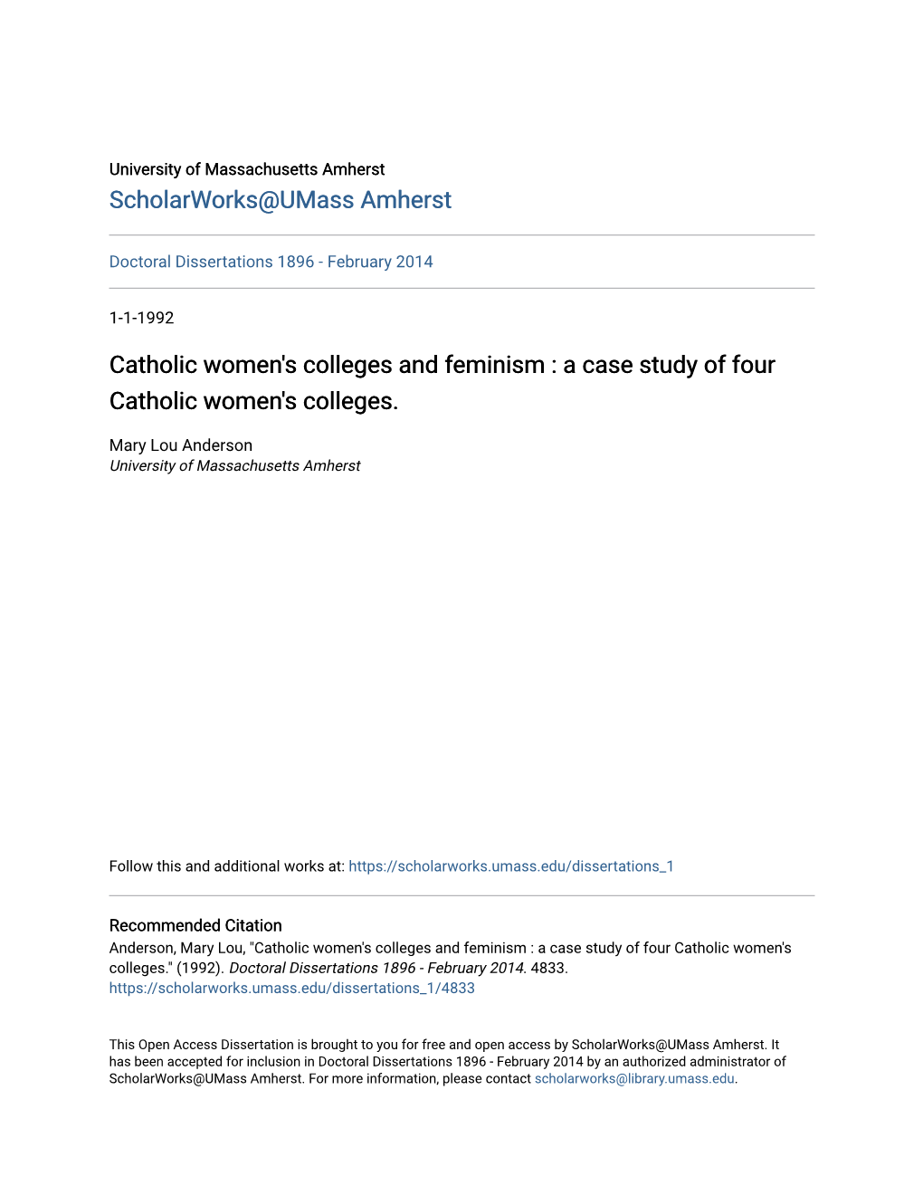 Catholic Women's Colleges and Feminism : a Case Study of Four Catholic Women's Colleges