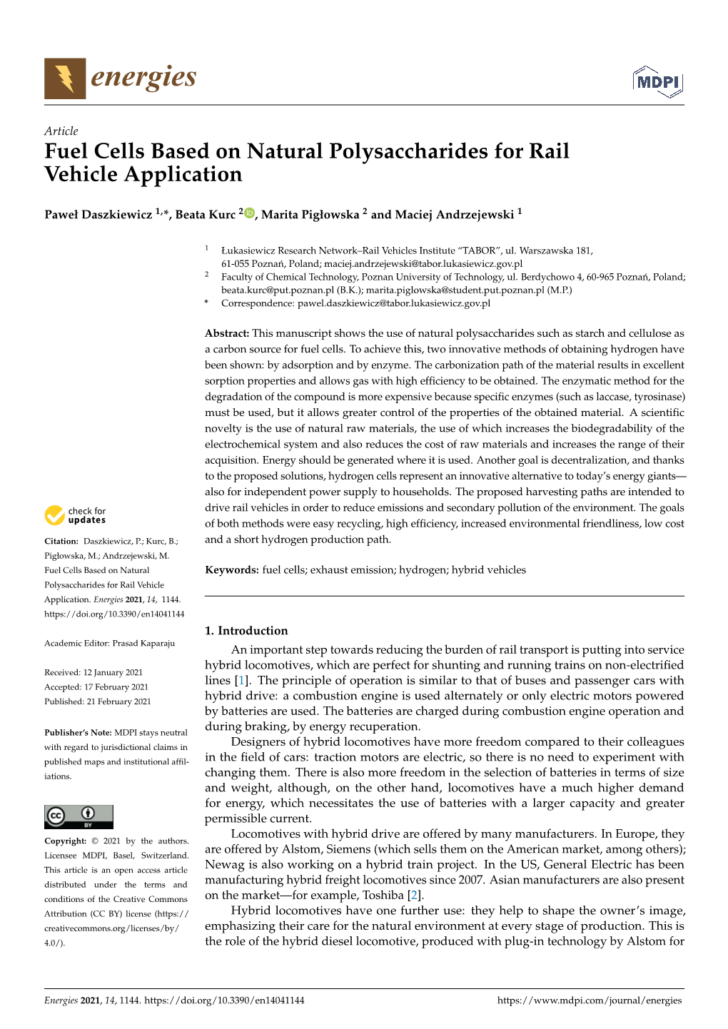 Fuel Cells Based on Natural Polysaccharides for Rail Vehicle Application