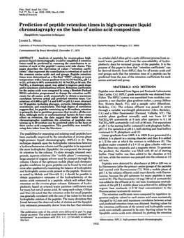 Prediction of Peptide Retention Times in High-Pressure Liquid Chromatography on the Basis of Amino Acid Composition (Lipophilicity/Separation Techniques) JAMES L
