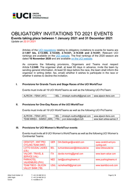 OBLIGATORY INVITATIONS to 2021 EVENTS Events Taking Place Between 1 January 2021 and 31 December 2021 Update on 22.01.2021