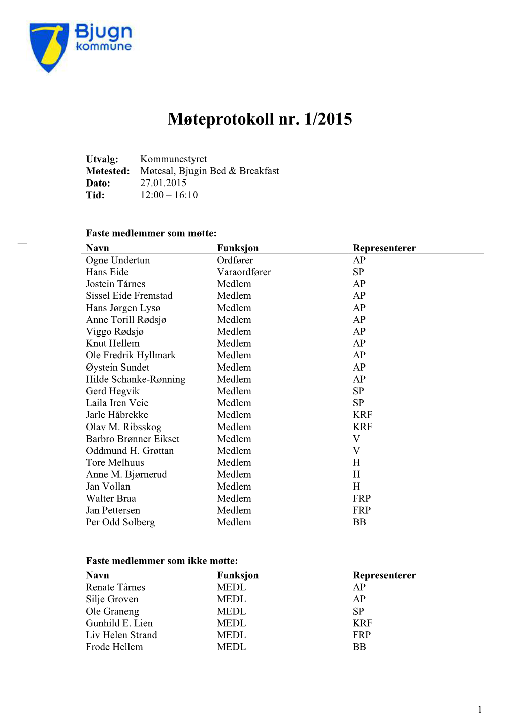 Møteprotokoll Nr. 1/2015