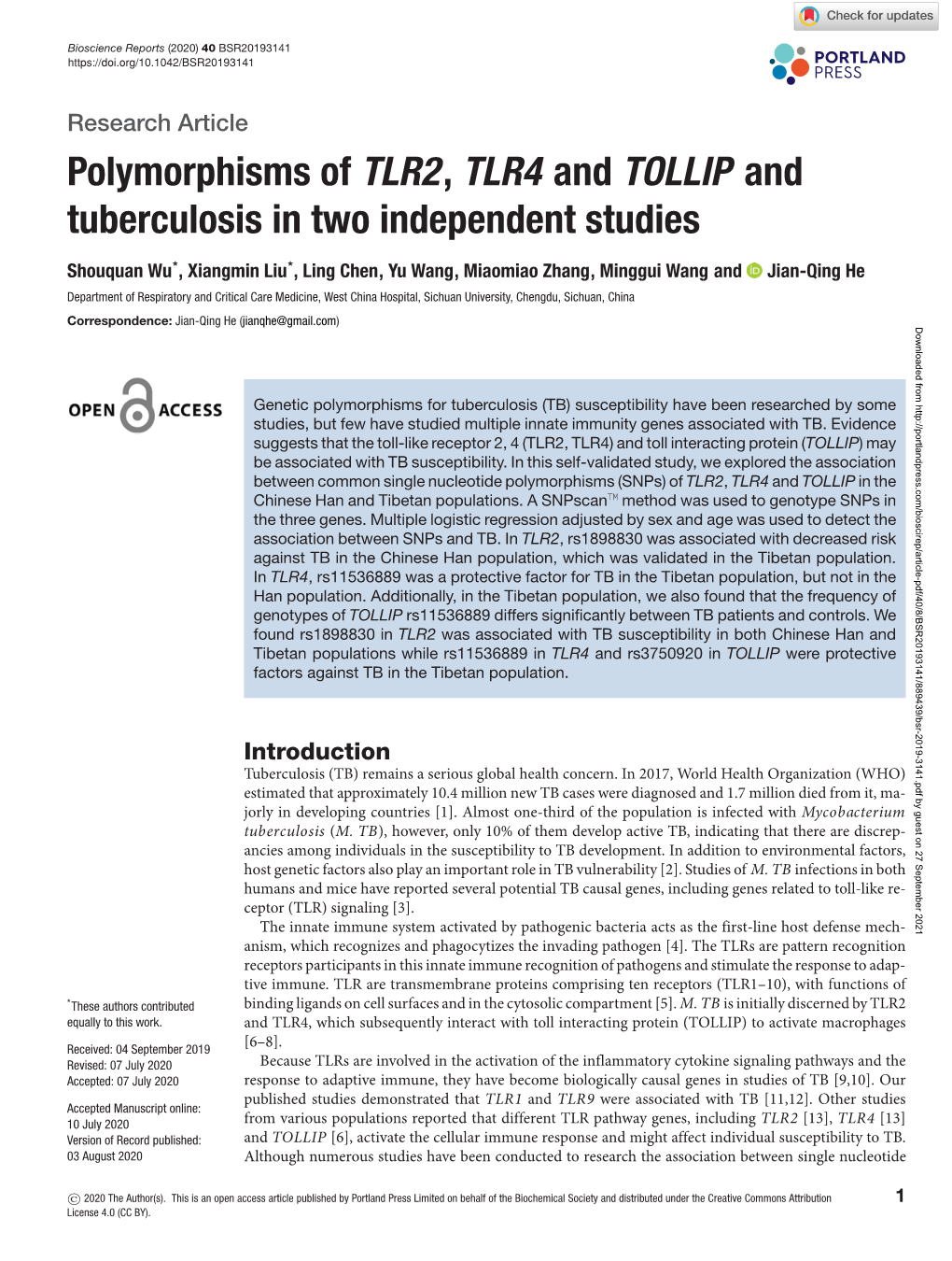 Polymorphisms of TLR2, TLR4 and TOLLIP and Tuberculosis in Two Independent Studies