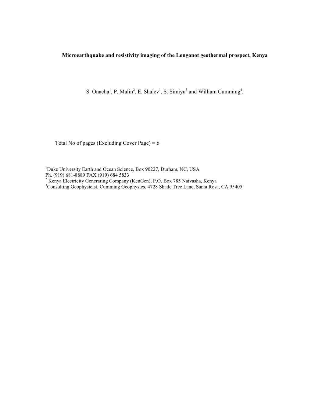 Microearthquake and Resistivity Imaging of the Longonot Geothermal Prospect, Kenya