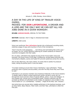 A Day in the Life of King of Trailer Voice- Overs; Movies: for Don Lafontaine, a Driver and a Limo Are the Only Way He Can Get All His Jobs Done in a Given Workday