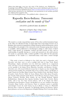 Rapsodia Ibero-Indiana: Transoceanic Creolization and the Mando of Goa*