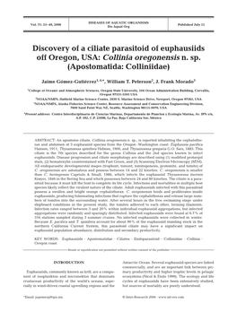 Discovery of a Ciliate Parasitoid of Euphausiids Off Oregon, USA: Collinia Oregonensis N