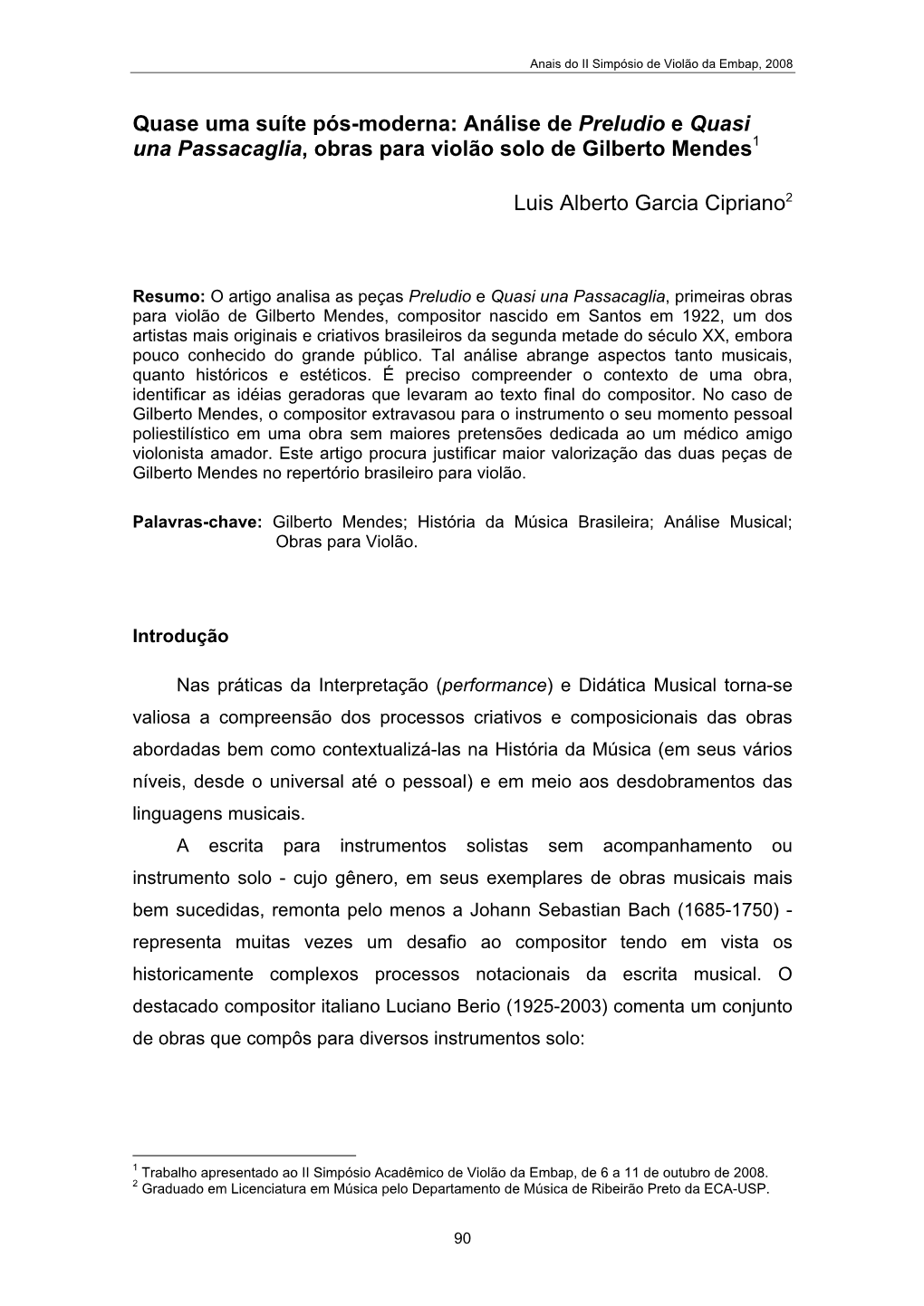 Análise De Preludio E Quasi Una Passacaglia, Obras Para Violão Solo