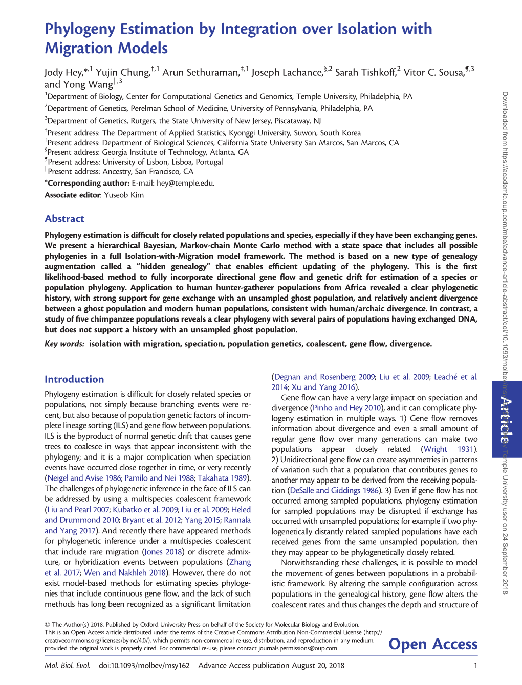 Phylogeny Estimation by Integration Over Isolation with Migration Models Jody Hey,*,1 Yujin Chung,†,1 Arun Sethuraman,‡,1 Joseph Lachance,§,2 Sarah Tishkoff,2 Vitor C