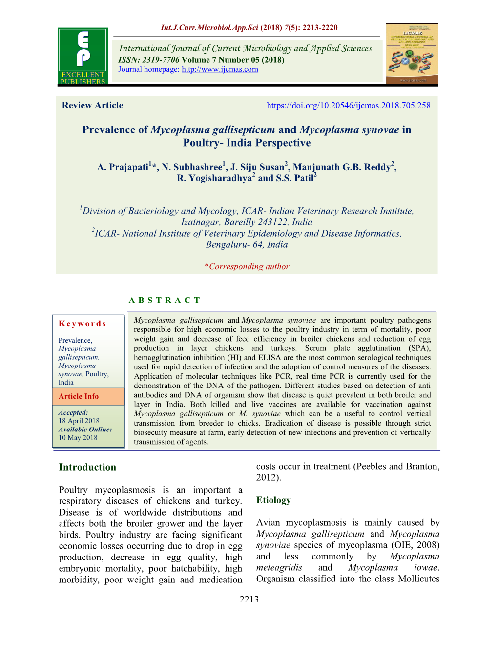 Prevalence of Mycoplasma Gallisepticum and Mycoplasma Synovae in Poultry- India Perspective