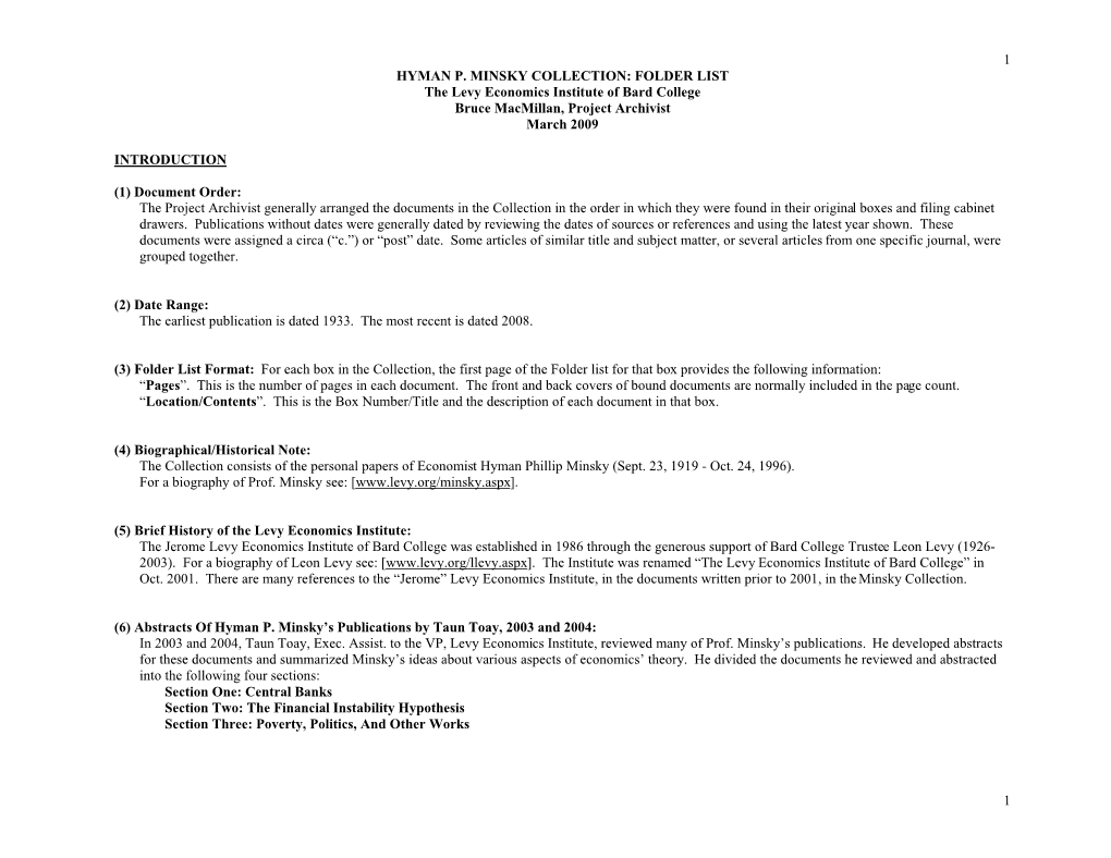 HYMAN P. MINSKY COLLECTION: FOLDER LIST the Levy Economics Institute of Bard College Bruce Macmillan, Project Archivist March 2009