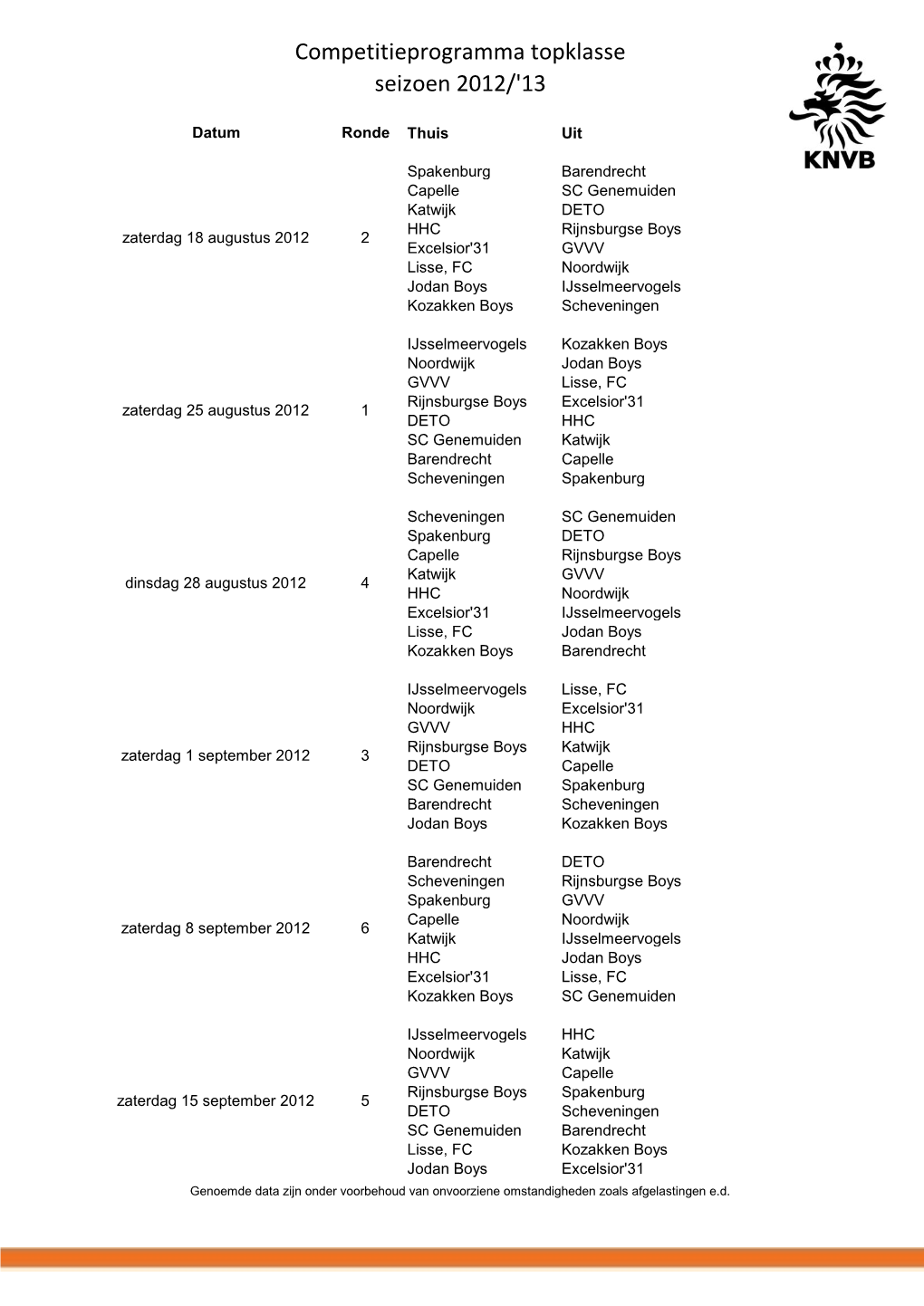 Competitieprogramma Topklasse Seizoen 2012/'13