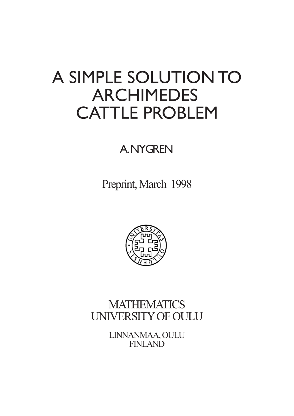 A Simple Solution to Archimedes Cattle Problem