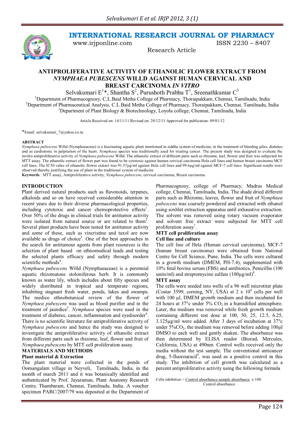 Antiproliferative Activity of Ethanolic Flower Extract from Nymphaea