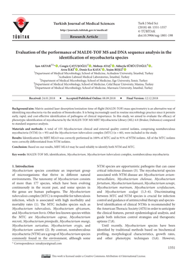 Evaluation of the Performance of MALDI-TOF MS and DNA Sequence Analysis in the Identification of Mycobacteria Species