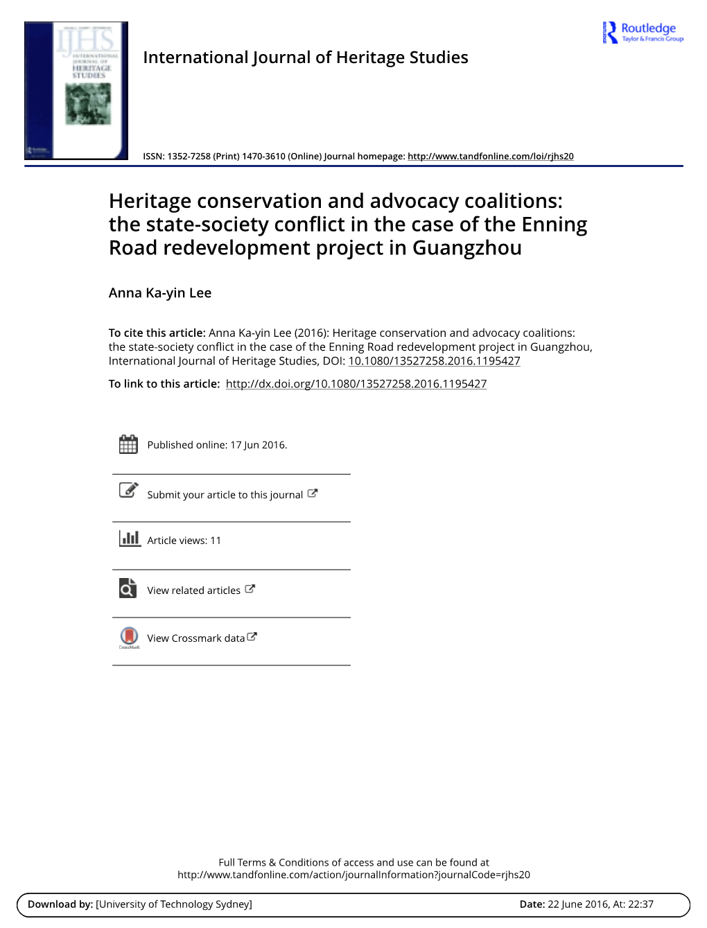 Heritage Conservation and Advocacy Coalitions: the State-Society Conflict in the Case of the Enning Road Redevelopment Project in Guangzhou