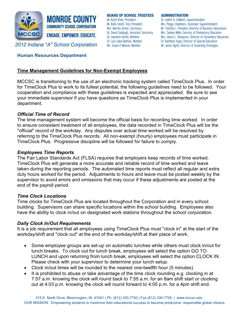 Human Resources Department Time Management Guidelines for NonExempt