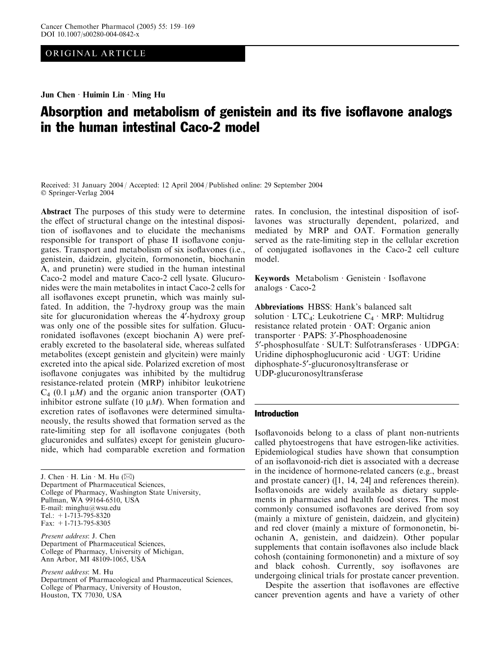 Absorption and Metabolism of Genistein and Its Five Isoflavone