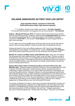 Solange Announced As First Vivid Live Artist