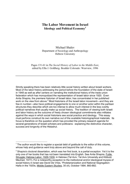 The Labor Movement in Israel Ideology and Political Economy1
