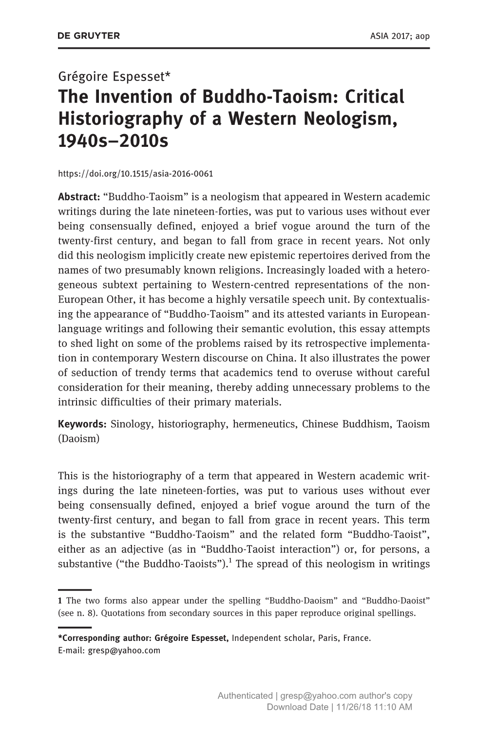 Taoism: Critical Historiography of a Western Neologism, 1940S–2010S