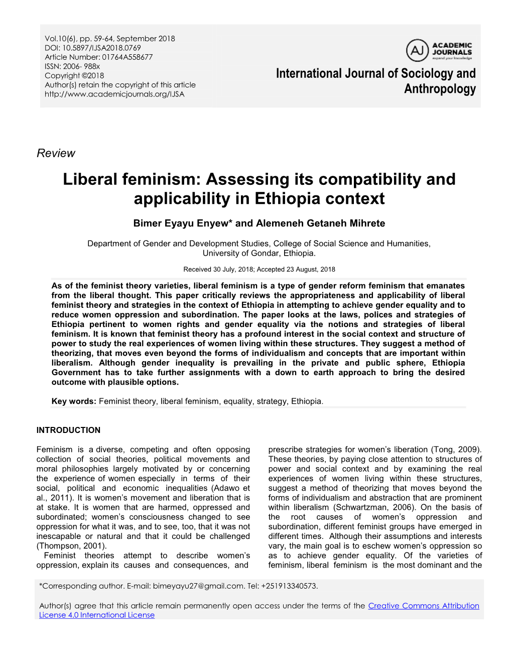 Liberal Feminism: Assessing Its Compatibility and Applicability in Ethiopia Context