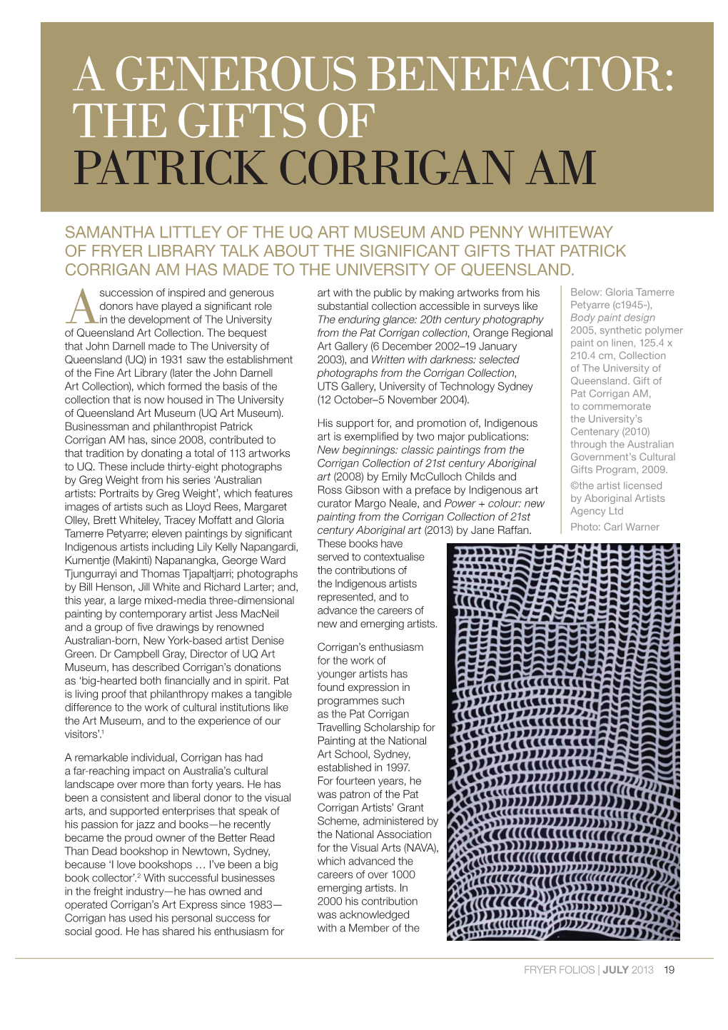 A Generous Benefactor: the Gifts of Patrick Corrigan, AM