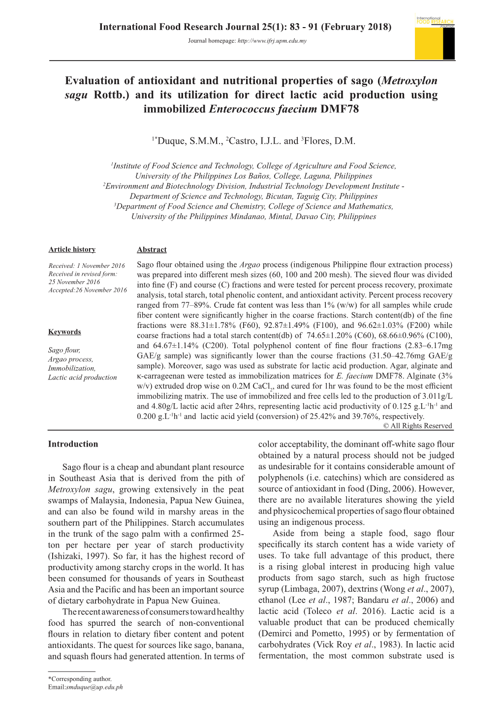 (Metroxylon Sagu Rottb.) and Its Utilization for Direct Lactic Acid Production Using Immobilized Enterococcus Faecium DMF78