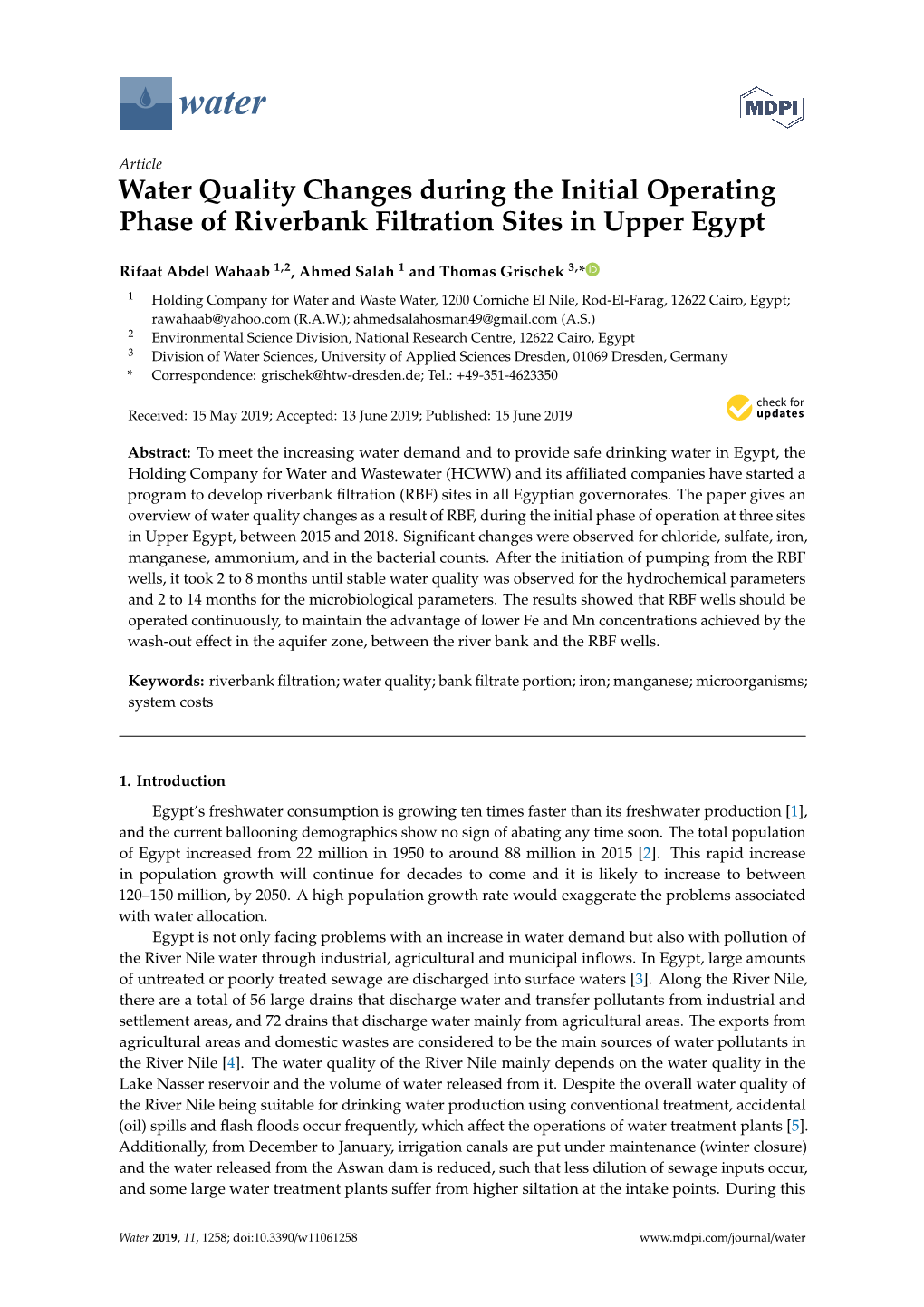 Water Quality Changes During the Initial Operating Phase of Riverbank Filtration Sites in Upper Egypt