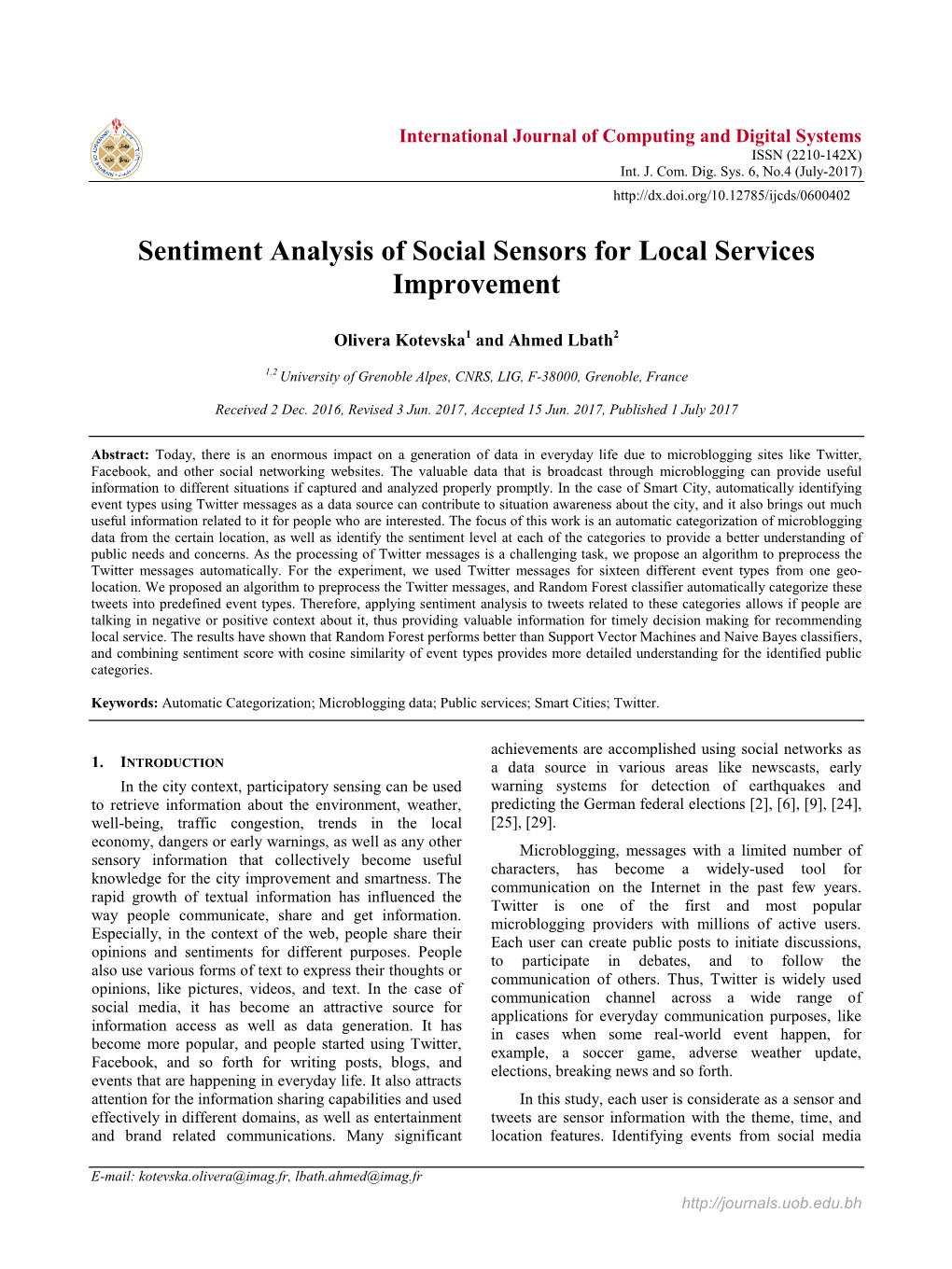 Sentiment Analysis of Social Sensors for Local Services Improvement