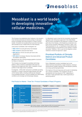 Mesoblast Is a World Leader in Developing Innovative Cellular Medicines