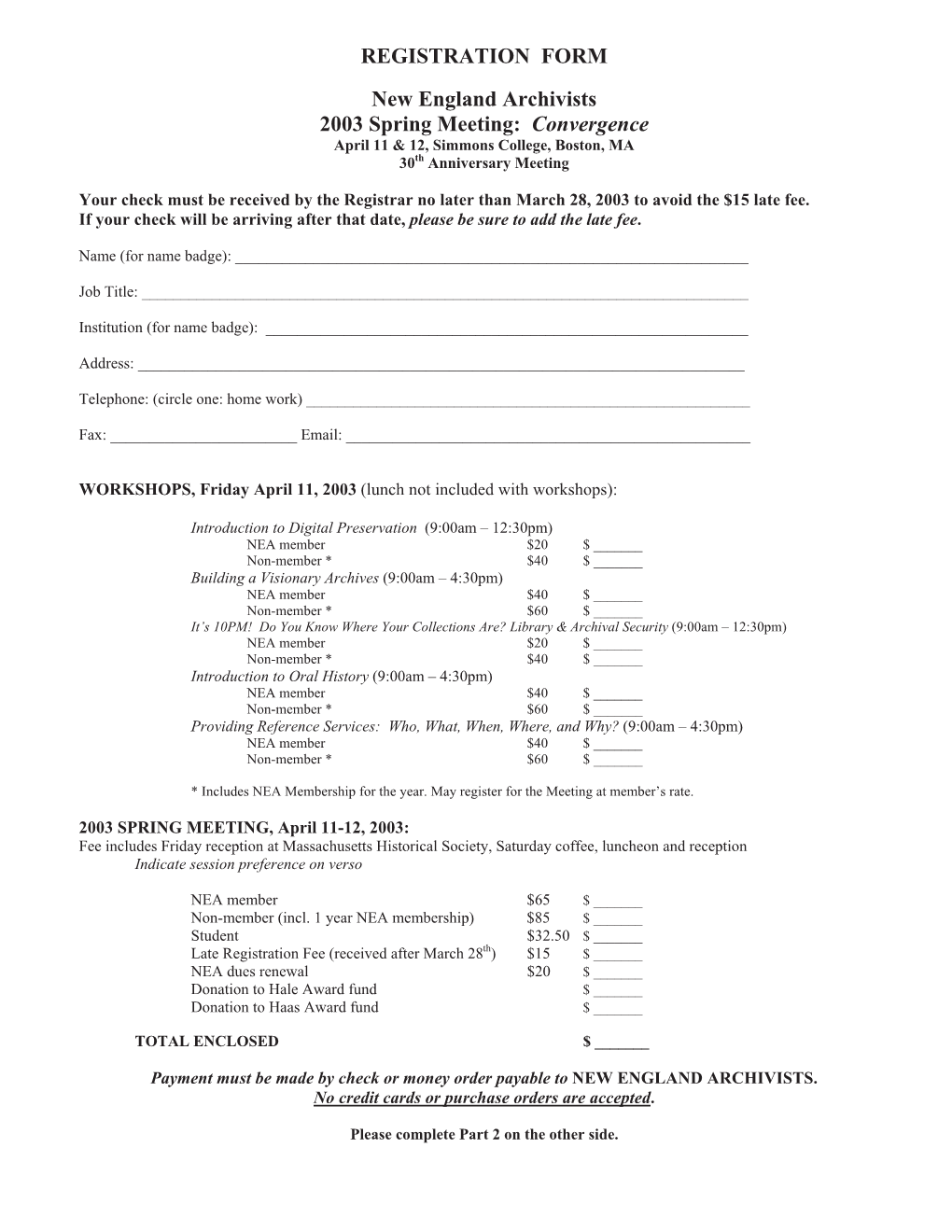 REGISTRATION FORM New England Archivists 2003 Spring Meeting