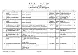 2021 Department of Education Administration of UT of Lakshadweep Collegewise Coursewise List of Seats