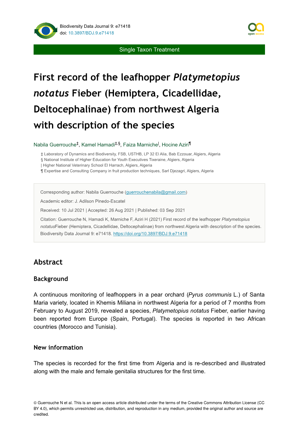 First Record of the Leafhopper Platymetopius Notatus Fieber (Hemiptera, Cicadellidae, Deltocephalinae) from Northwest Algeria with Description of the Species
