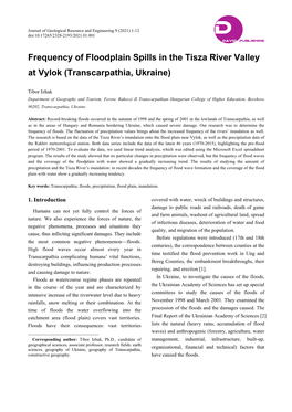 Frequency of Floodplain Spills in the Tisza River Valley at Vylok (Transcarpathia, Ukraine)